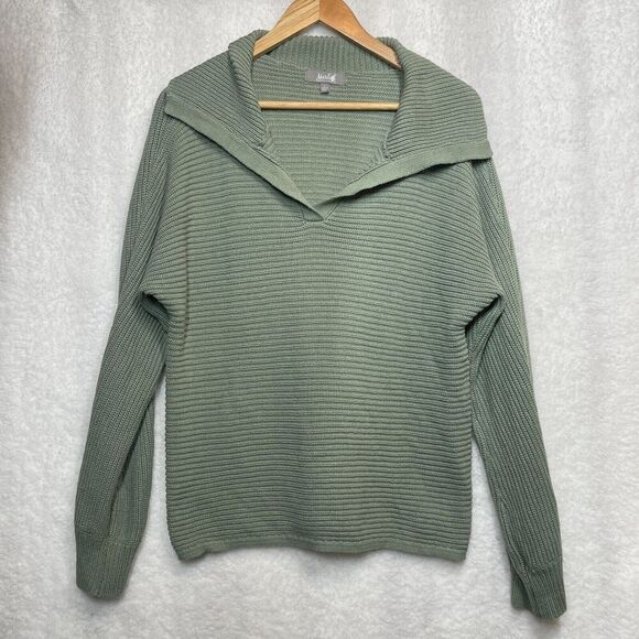 Marled Reunited Clothing Women's Size L Chunky Knit Green Sweater Collared VNeck - Picture 2 of 9